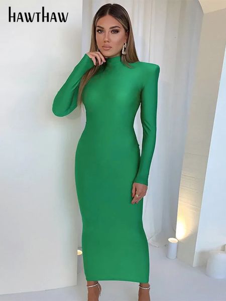 Temel Sıradan Elbiseler Hawthaw Omuz Yastıklı Uzun Kol Vücutcon Yeşil Parti Kulübü Maxi Elbise Bahar Sonbahar Kadınlar Moda Zarif Giysiler 231005