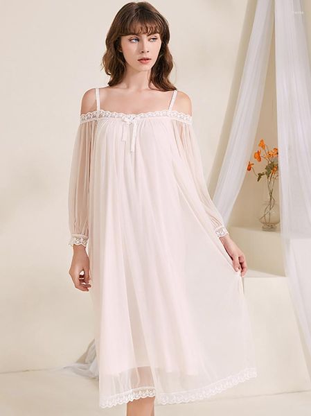 Indumenti da notte da donna Camicie da notte vintage da donna Mesh Fairy Loose Princess Spaghetti Strap Manica lunga Romantico vittoriano Lolita Loungewear