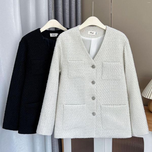 Casacos femininos plus size jaqueta de lã outono roupas casuais moda com decote em v chique 4 bolsos outwear casacos curvas f72 315
