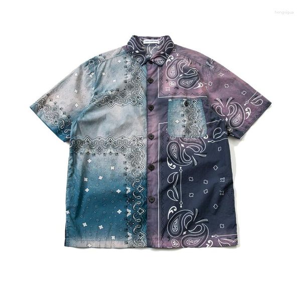 Мужские повседневные рубашки, японская ретро-рубашка с рисунком тай-дай, градиентная стирка, рубашка с короткими рукавами с цветком кешью, мужская и женская летняя фиолетовая свободная рубашка с принтом