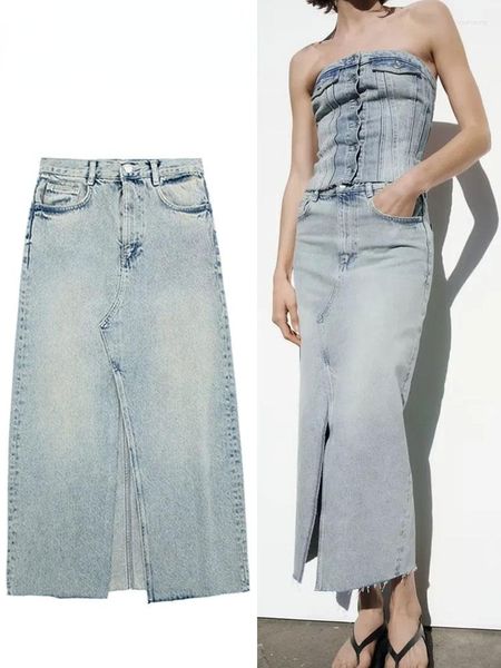 Saias 2023 Midi Maxi Primavera Faded Slit Vintage Front Split Casual Plain Denim Saia Mulheres Cintura Alta PBra