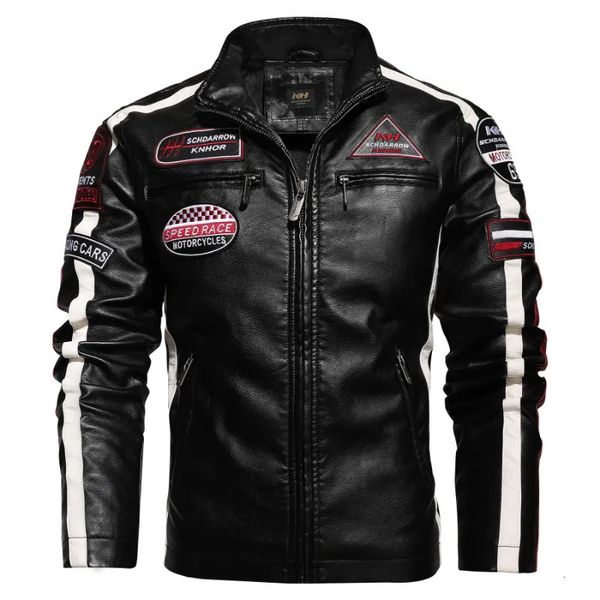 Giacca da motociclista autunnale in finta pelle da uomo Patchwork casual Cappotto vintage Biker PU Ricamo Bomber Cerniera in pile Giacche Uomo 231005