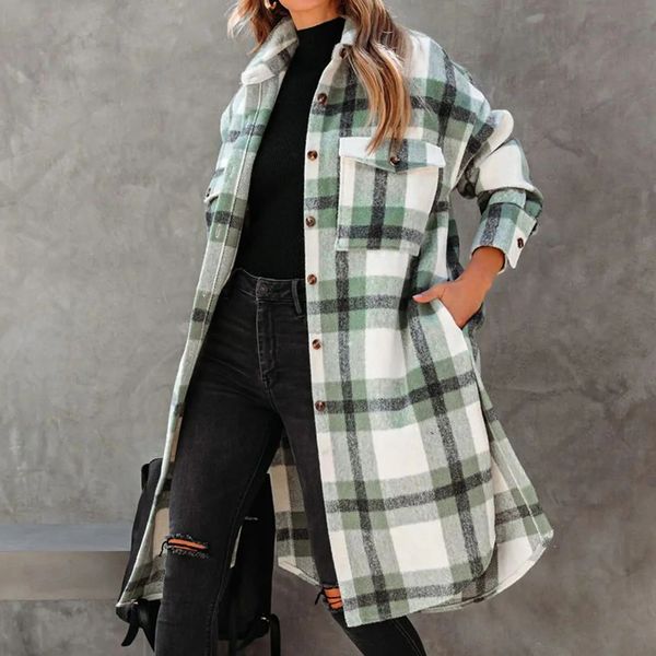 Женское полушерстяное пальто, классическое пальто на пуговицах в клетку с принтом, зимнее пальто с флисовой подкладкой и лацканами, рубашки, верхняя одежда, рабочая куртка женская 231006