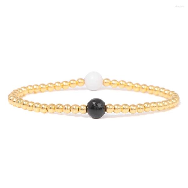 Charm Armbänder Design 8mm Schwarzer Onyx Weißes Porzellan Goldfarbene Perlen Elastisches Armband Für Frauen Männer Sommer Modeschmuck