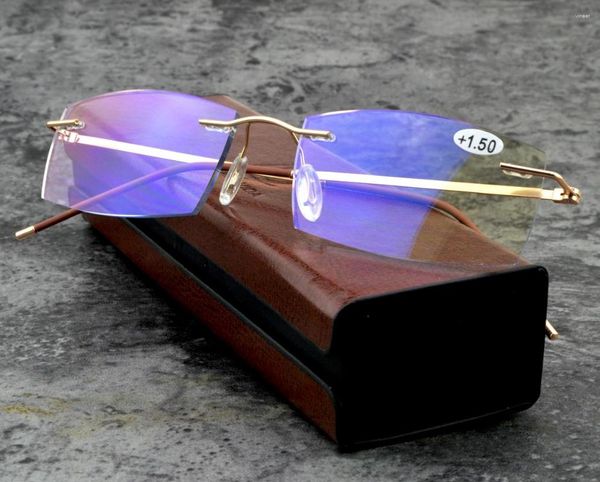 Óculos de sol sem aro óculos de leitura de negócios com moldura de liga para homens mulheres azul luz bloqueando caso 1.0 1.5 2.0 2.5