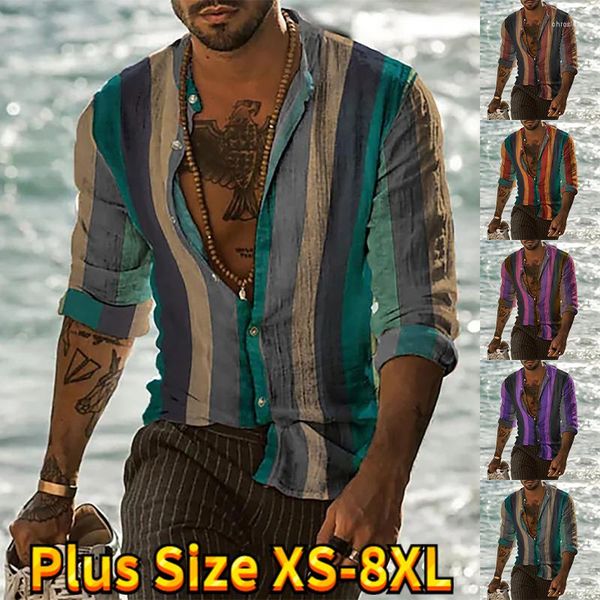Мужские повседневные рубашки 2023, полосатая рубашка с длинным рукавом и цветным принтом, классический дизайн, рубашка на пуговицах, повседневная, приталенная, XS-8XL