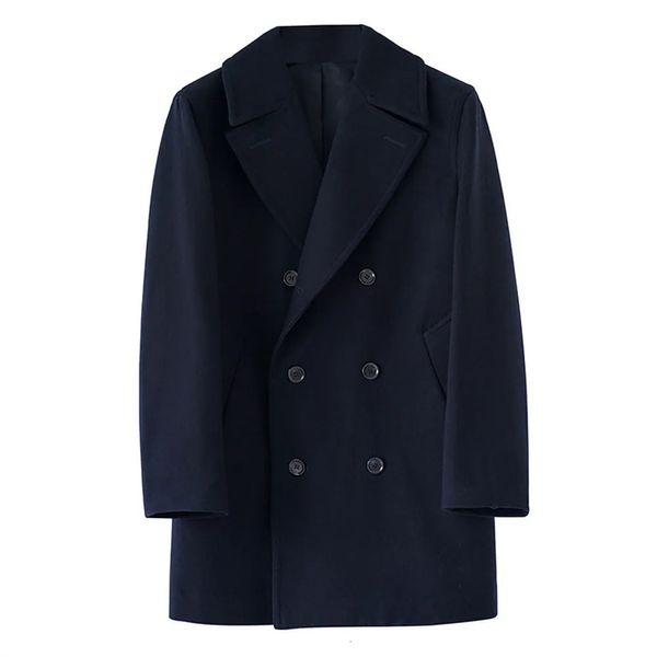 Мужская полушерстяная мужская бушлатная классическая темно-синяя двубортная тонкая толстая шерстяная куртка на осень и зиму, мужская винтажная одежда 231005