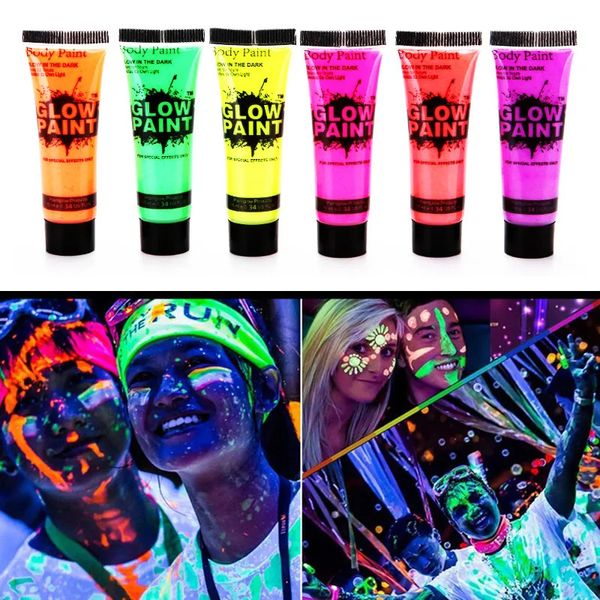 Pintura corporal 7 cores tinta luminiscente Rosto Body Art Paint UV Glow Fluorescente Brilhante Festa de Halloween Fantasia Vestido Beleza Maquiagem Pintura Escura 231006