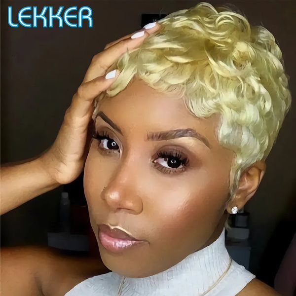 Synthetic Lekker 613 Blonde kurze Pixie lockige menschliche Perücke für Frauen Fingerwellen Bob Brazilian Remy Haar glühlos farbige blaue Perücken 231006