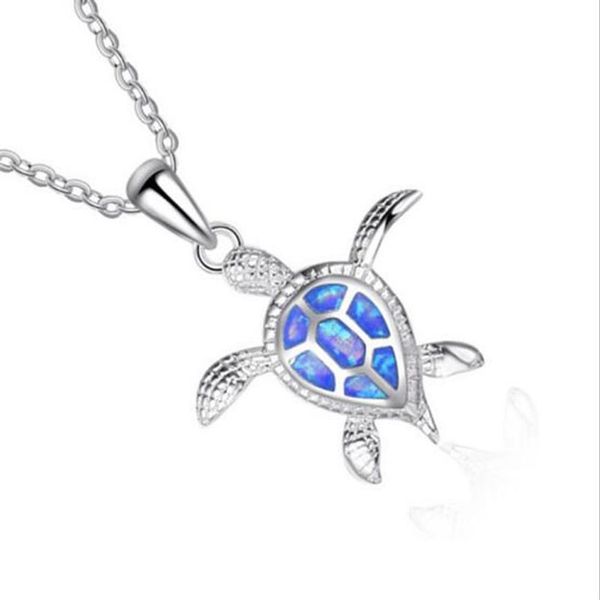 Tier Schildkröten Anhänger Halskette Natürlichen blauen Opal Meer Frauen Schmuck Legierung Silber Elegante Strand Schildkröte Halsketten180f