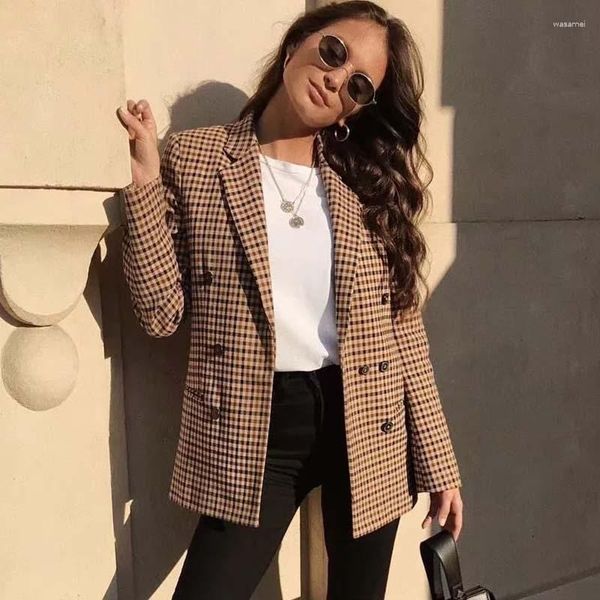 Ternos femininos blazer feminino 2023 outono houndstooth duplo breasted blazers casaco vintage manga longa rua jaqueta feminina topos