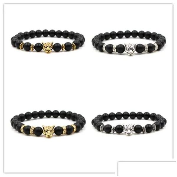 Braccialetti con ciondoli 8Mm Opaco Lava Pietra Nera Perline Bracciale Testa di leopardo Diffusore di olio essenziale Donna Uomo Gioielli di moda Goccia Dhgarden Dhwdk