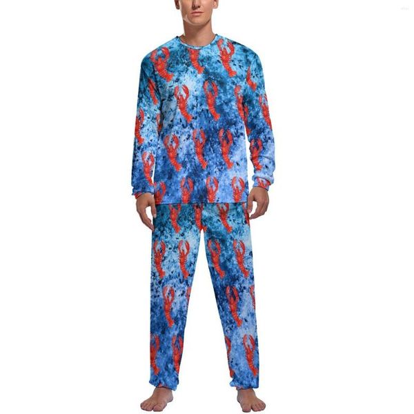 Мужская одежда для сна, пижамы с принтом лобстеров, зимние пижамы с морскими волнами, повседневная одежда для сна, мужские пижамные комплекты Kawaii из 2 предметов с длинными рукавами и графикой