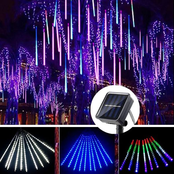 Decorações de Natal 30/50cm Chuva de meteoros solar Chuva 8 tubos LED Luzes de corda à prova d'água Natal Luz de rua solar ao ar livre Decoração de árvore de jardim 231005