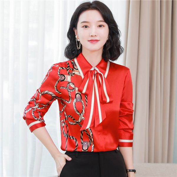 Vintage Revers Band Schleife Rotes Hemd Seidensatin Damen Designer Langarm Runway Blusen 2023 Herbst Winter Mode Büro Damen Revers Button Up Shirts Elegante Tops