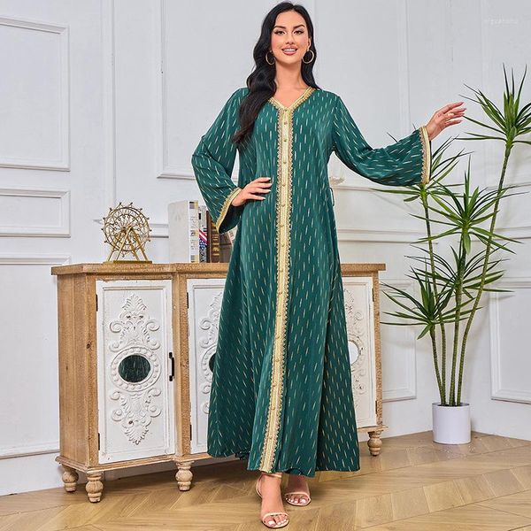 Roupas étnicas Eid Party Mulheres Muçulmanas Gold Stamping Beads Long Maxi Vestido Turquia Árabe Kaftan Dubai Robe Cinto Marrocos Islâmico Ramadã