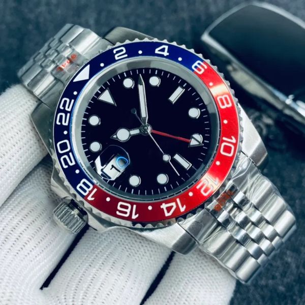Herrenuhr, automatische mechanische Uhren, echtes GMT II, 40 mm, Edelstahl-Armband, rot-blaue Keramiklünette, Armbanduhr, Master Reloj Men Montre De Luxe