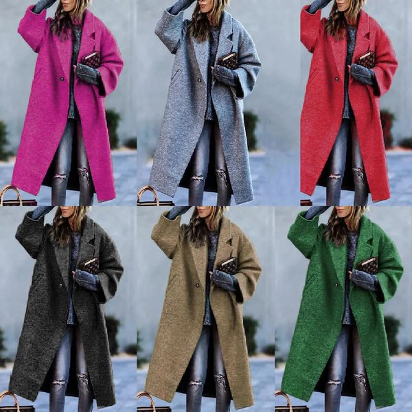 Misto lana da donna Autunno e inverno Cappotto lungo di lana Temperamento colore Senza cintura Risvolto Tipo sciolto Verde Donna 231006