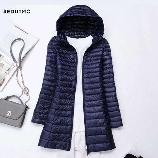 Parkas femininas sedutmo inverno longo ultra leve pato para baixo jaquetas mulheres casaco primavera puffer jaqueta fina com capuz parkas ed230 231005