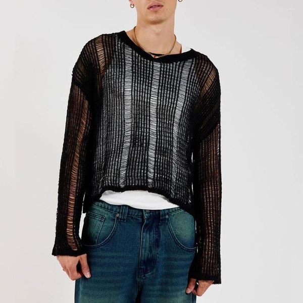 Männer Pullover Mode Mesh Transparent Stricken Pullover Pullover Sexy Lange Ärmel Einfarbig O Neck Club Party Tops Pullover Kleidung für