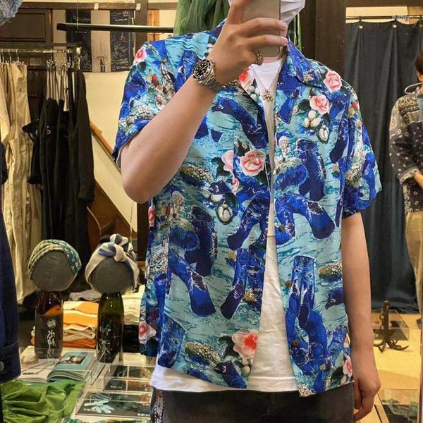 Männer Casual Hemden Kapital 2023 Sommer Kurzarm Japanische Mode Hawaiian Seide Blumendruck Retro Top Für Männer Und Frauen