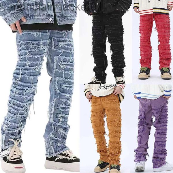 Herrenjeans 2023 Europäische heiße Art Herren gestapelte Jeans High Street Kleidung Retro gepatchte zerrissene Denim gerade Bein neueste Hosen für Mann J231006