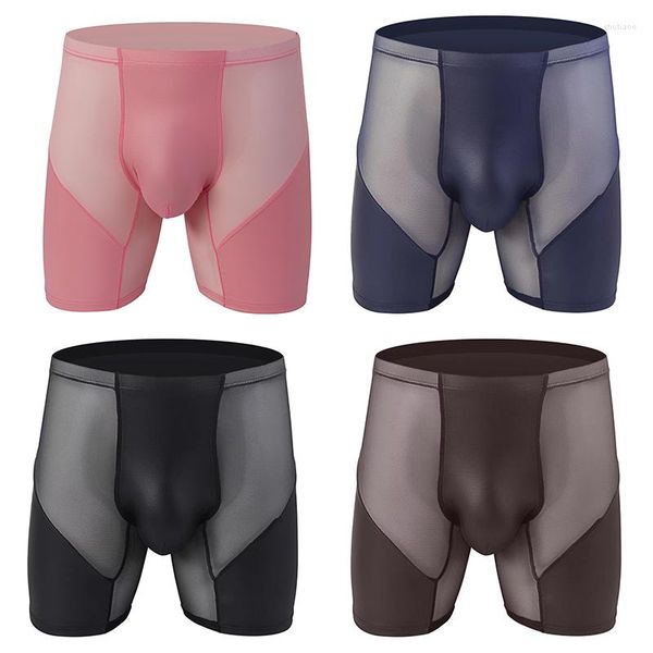 Unterhosen Unterwäsche Männer Boxer Shorts Sexy Atmungsaktive Mesh Pantie Mann Kunstleder Beutel Mittlere Lange Bein Cueca Calzoncillos