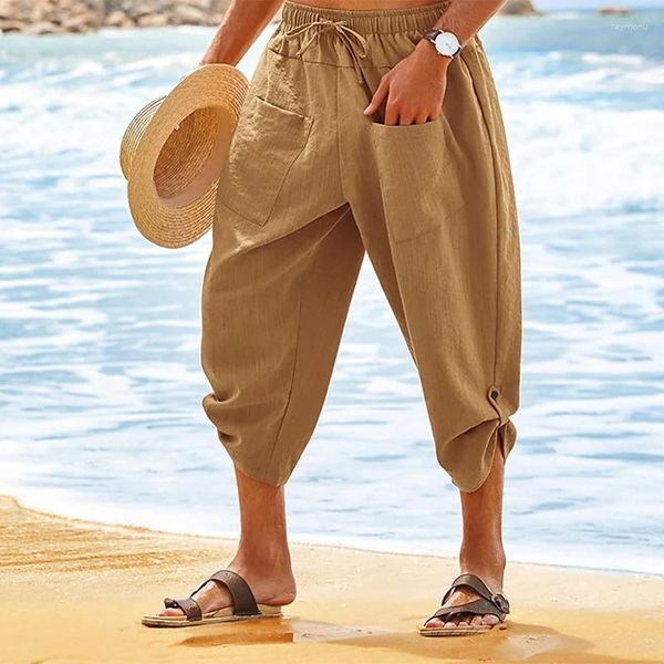 Pantaloni da uomo Summer Linen Beachwear Capris Coulisse Vita elastica Tasche frontali Designer Wear Baggy