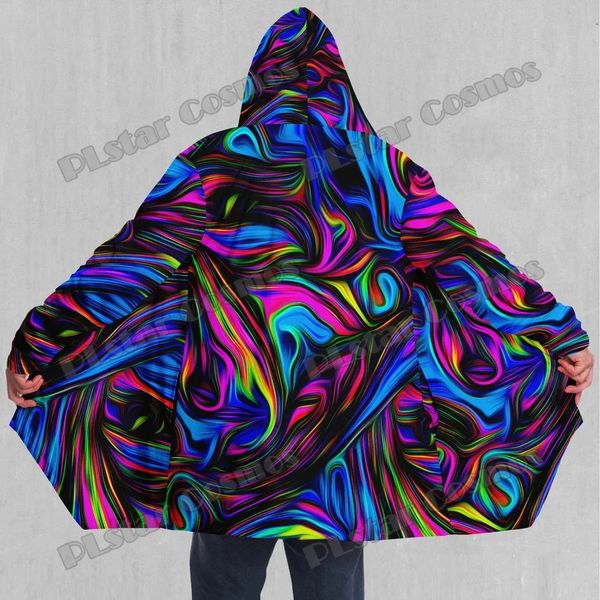 Herren Blends Psychedelic Waves Bunte 3D-Umhang mit Sherpa-Futter und Kapuze, Winter, Unisex, lässig, dick, warm, Cape-Mantel DP83 231005