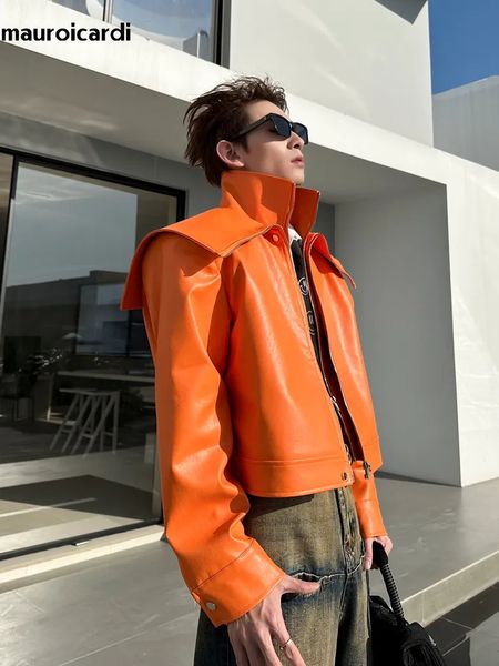 Herren Leder Faux Mauroicardi Frühling Herbst Coole Übergroße Kurze Schwarz Orange Weiche Jacke Männer Reißverschluss Luxus Designer Kleidung Mode 231005