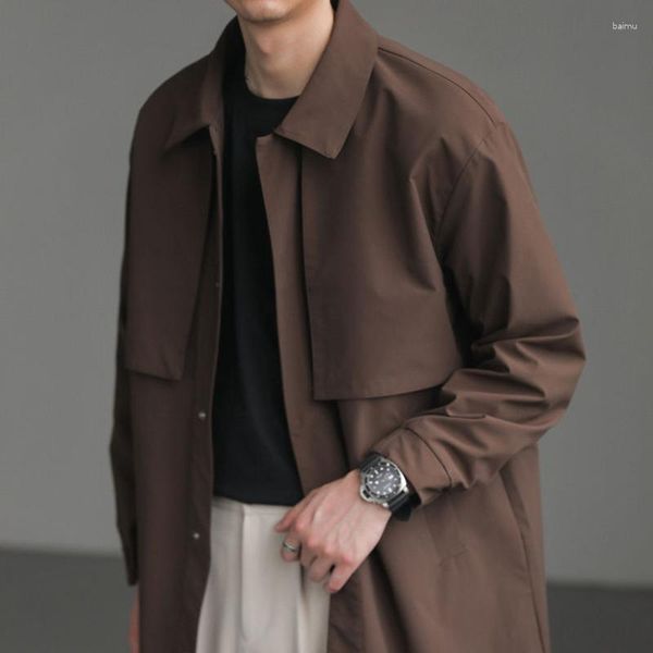 Trench da uomo Primavera Autunno Classico Solido Risvolto Giacca a vento di media lunghezza Casual Allentato High Street Cappotto da uomo Top Abiti maschili