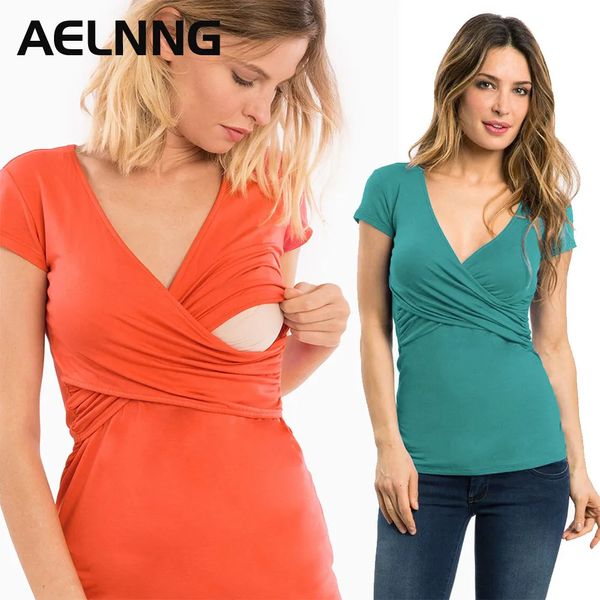 Top di maternità magliette abiti di maternità casual per donne che allattano abbigliamento a maniche corte t-shirt a strisce a Vesta a V Scheck Incante per donne in gravidanza 231006