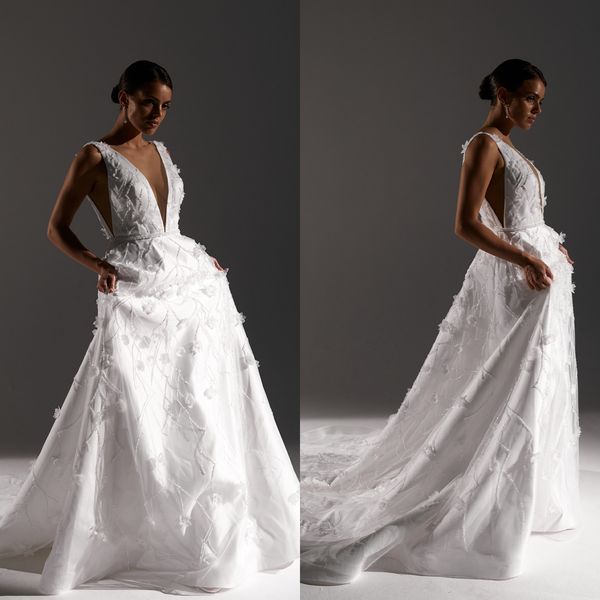 Alta costura lindo vestido de casamento linha 3d flores apliques vestidos de noiva decote em v profundo varredura trem vestidos de noiva