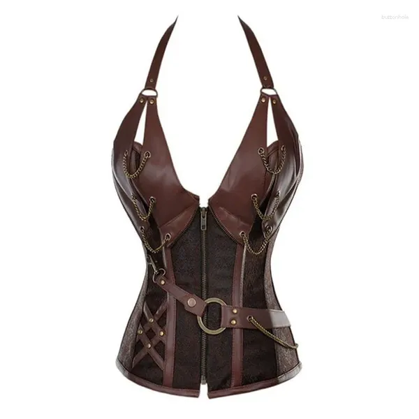 Bustiers espartilhos retro steampunk espartilho corsage couro falso rendas até desossado com correntes outwear feminino overbust topo corpete e corseletes es