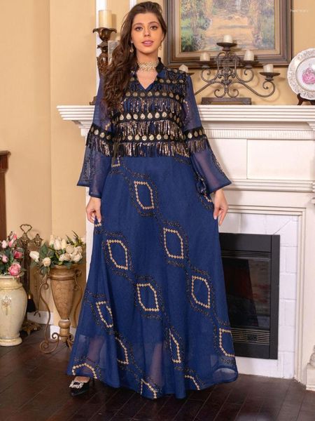 Roupas étnicas Jalabiya para mulheres lantejoulas borla vestido árabe v pescoço dubai saudita festa noite vestido muçulmano abaya kaftan ramadan eid casamento