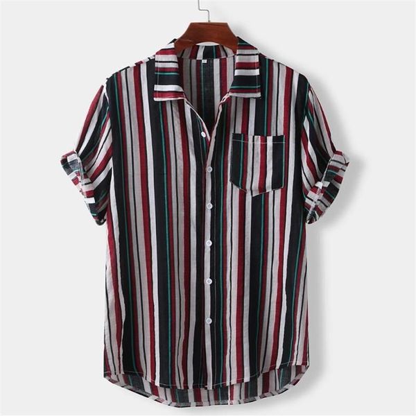 Verão dos homens listra camisa casual manga curta camisas havaianas solta tira impressão legal fino vestido masculino roupas masculinas256w