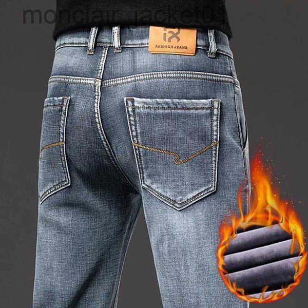 Jeans masculinos inverno quente veludo novos homens azul cinza velo grosso jeans zíper bolso design carga jeans estiramento denim calças quentes calças de marca j231006