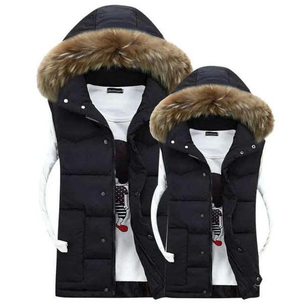 Coletes masculinos 3601 inverno artificial gola de pele para baixo colete homens fino grosso quente sem mangas jaqueta mmen colete colete bodywarmer casal roupas 231005