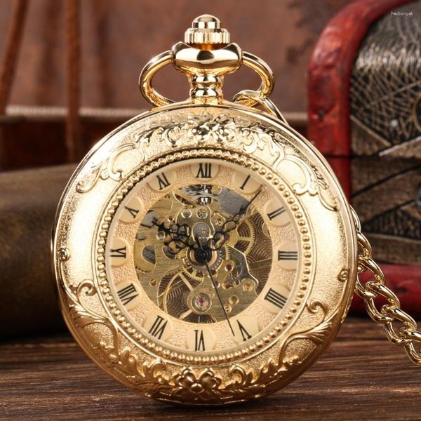 Relógios de bolso dourados, vintage, numerais romanos, mostrador mecânico, corda manual, relógio masculino, presentes antigos, pingente, corrente manual
