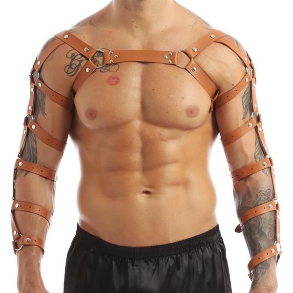 Bras define homens falso couro ajustável braço enjaulado corpo peito gótico punk clube bar traje muscular cinto com metal o ring218k