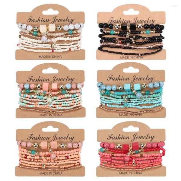 Link pulseiras 8 pçs/set boêmio contas artesanais pulseira verão colorido frisado corrente pulseira meninas boho charme jóias acessórios atacado