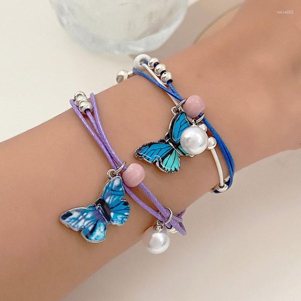 Bracelets à maillons Bracelet en cuir de perles papillon bleu Simple amitié sœurs femmes adolescentes Dainty Lukcy cadeaux d'anniversaire pour elle