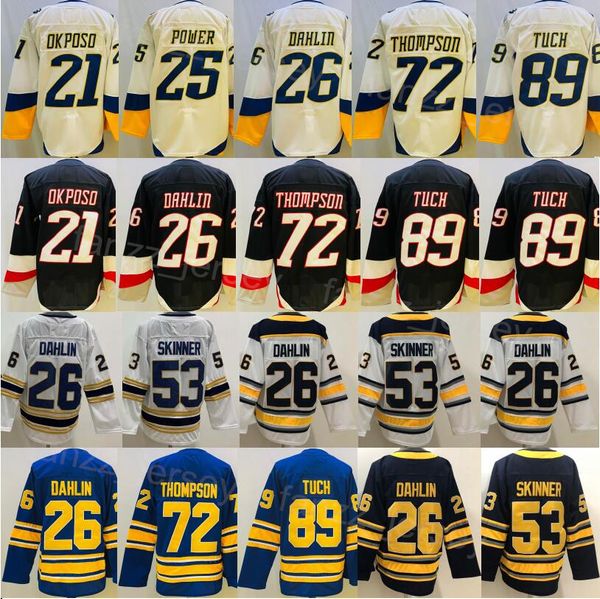 Hockey retrò inverso 25 Owen Power Jersey Man 72 Tage Thompson 89 Alex Tuch 26 Rasmus Dahlin 53 Jeff Skinner 21 Kyle Okposo Cucite invernale Classico 50 ° anniversario