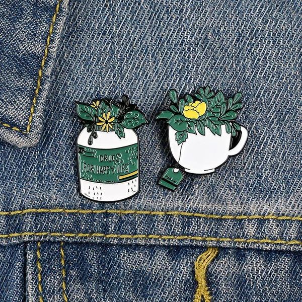 Feminino planta verde vaso colar broches café saco de chá flor amarela cowboy pinos roupas unissex anti luz fivela mochila crachá 2973