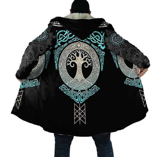 Wollmischungen für Herren CLOOCL Dicker, warmer Kapuzenumhang für Männer Tattoo-Symbol-Muster-Rüstungsmantel Mantel 3D-Druck winddichtes Fleece-Cape-Kapuzendecke 231005