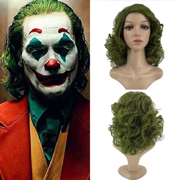 Cosplay palhaço coringa mancha verde comprimento médio cabelo encaracolado cos peruca arnês de Halloween