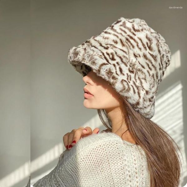 Berretti con stampa leopardata autunno inverno moda donna cappello ragazza peluche soffice pescatore vintage secchiello tinto in cravatta all'ingrosso