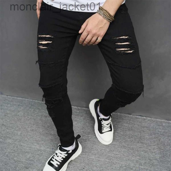 Мужские джинсы, уличная одежда, рваные тонкие мужские джинсы-карандаш, весенние новые мужские стильные джинсовые брюки с отверстиями в стиле хип-хоп J231006