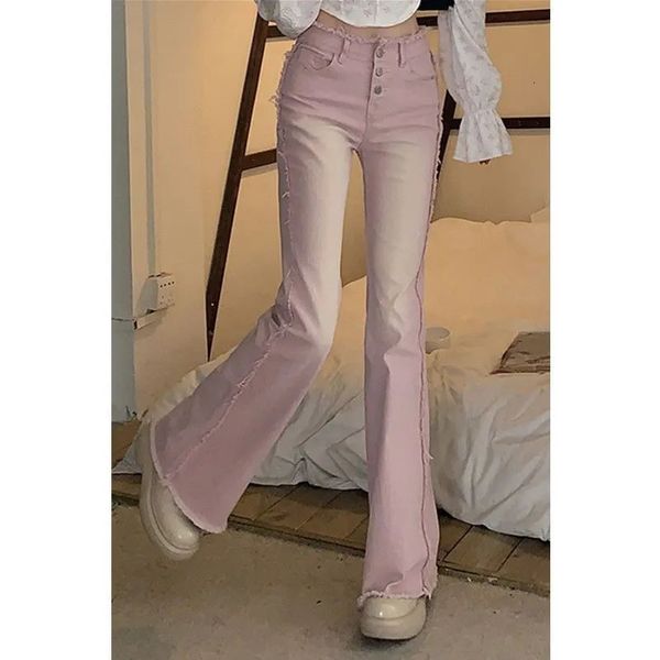 Damen Jeans Mode elastische rosa Rüschen Patchwork Frauen Frühling Herbst solide hohe Taille Knopf Reißverschluss Tasche gewaschen schlanke ausgestellte Hosen 231005