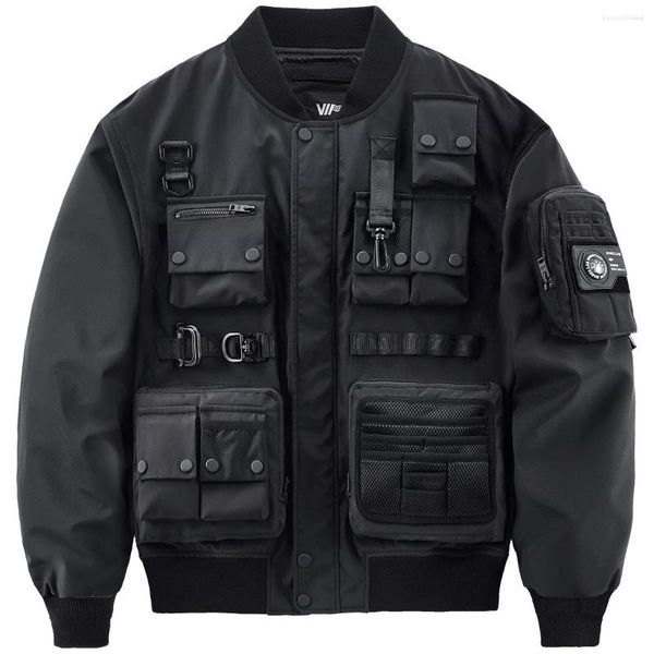 Jaquetas masculinas jaqueta de vôo botão fita bolsos ao ar livre militar s moda techwear casaco hip hop carga punk
